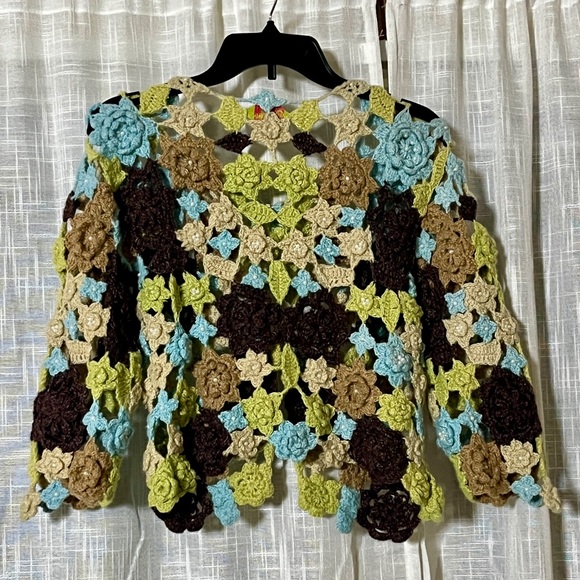 Crochet knit Prima Bella cardigan in green, blue, tan & brown💚 - Picture 2 of 6